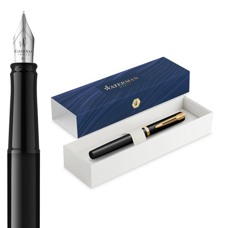 Waterman Impression Fountain Pen | Black with Gold Trim | Fine Nib | Blue Ink | Gift Box