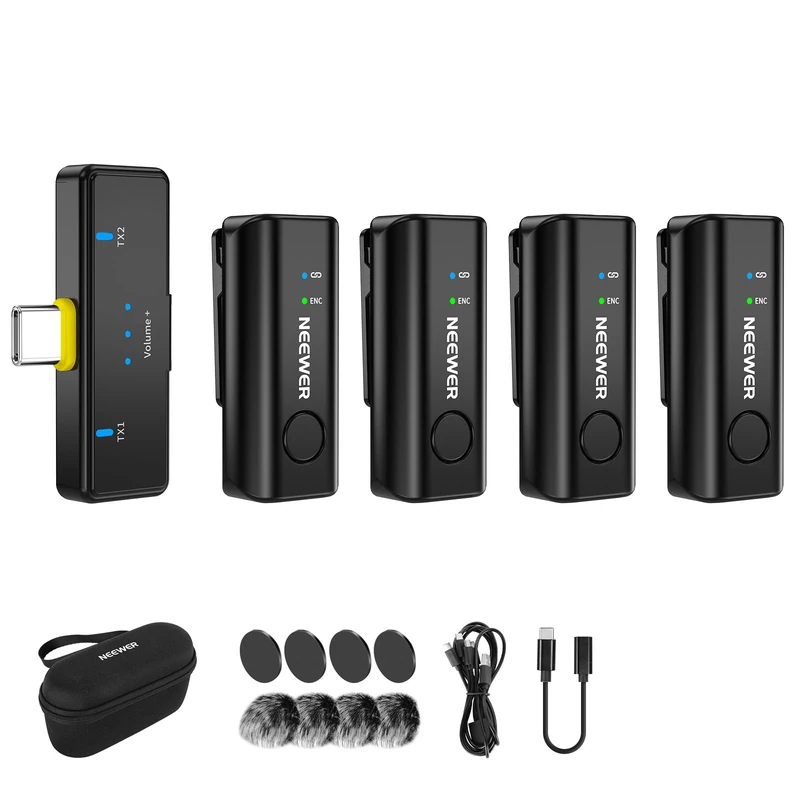 NEEWER KM23C AI Wireless Lavalier Microphone Compatible with iPhone Android Tablet PC Laptop, Omnidirectional 48K/24Bit 20-20KHZ AI Noise Cancellation Mute 70m Range 32h Total Battery (1x RX + 4X TX) - Image 1
