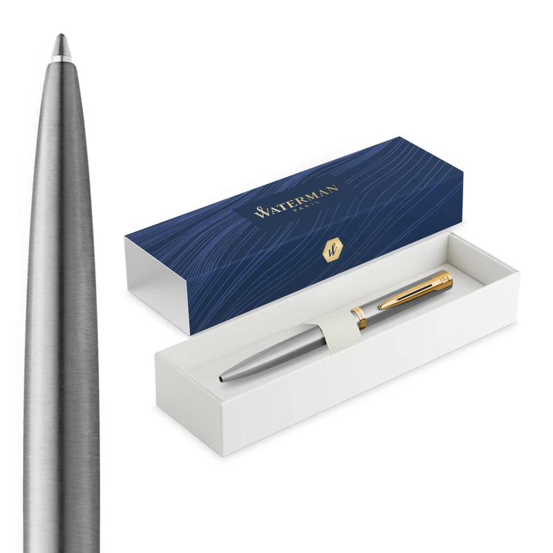 Waterman Impression Ballpoint Pen | Stainless Steel with Gold Trim | Medium Point | Blue Ink | Gift Box