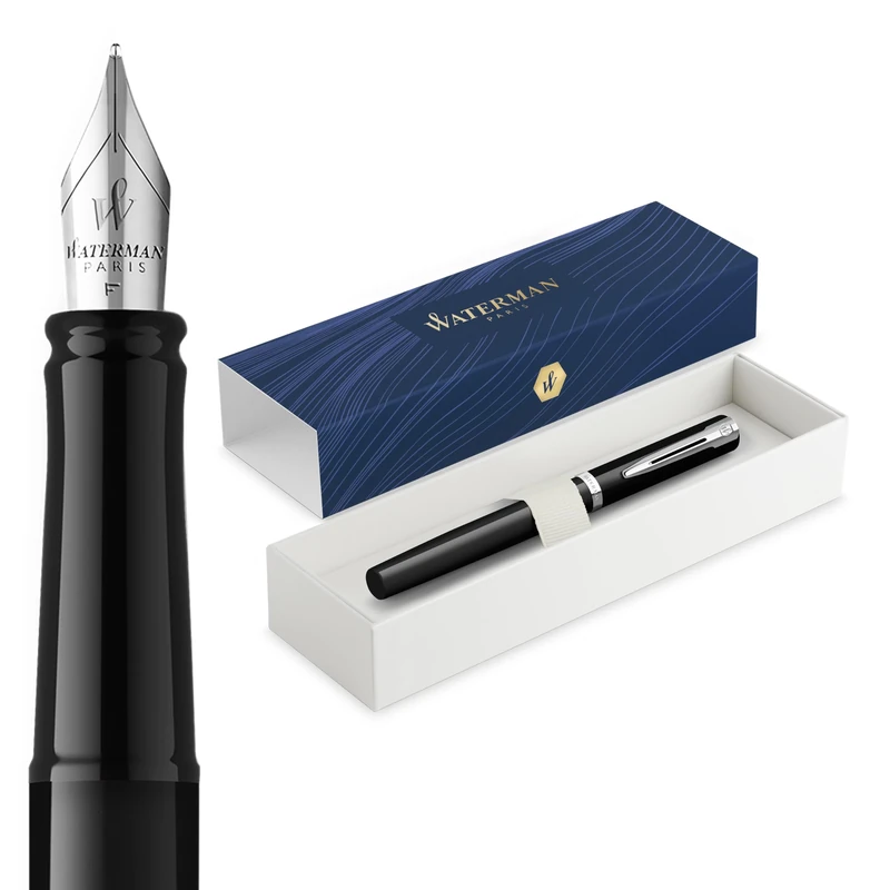 Waterman Impression Fountain Pen | Black with Chrome Trim | Medium Nib | Blue Ink | Gift Box