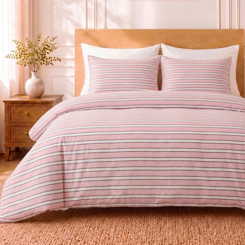 Herside 100% Cotton Double Gauze Striped Duvet Cover Set King Size,Pink White Fine Stripe Pattern Soft Breathable Cotton Bedding Set Modern Romantic 3 Piece Quilt Duvet Set for All Seasons