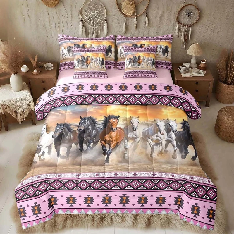Feelyou Pink Horse Comforter Set with Sheets King Size Kids Galloping Horse Bed in a Bag for Boys Girls Teens Wild Western Southwestern Aztec Rustic Farmhouse 7 Pieces Bedding Set Soft Room Decor