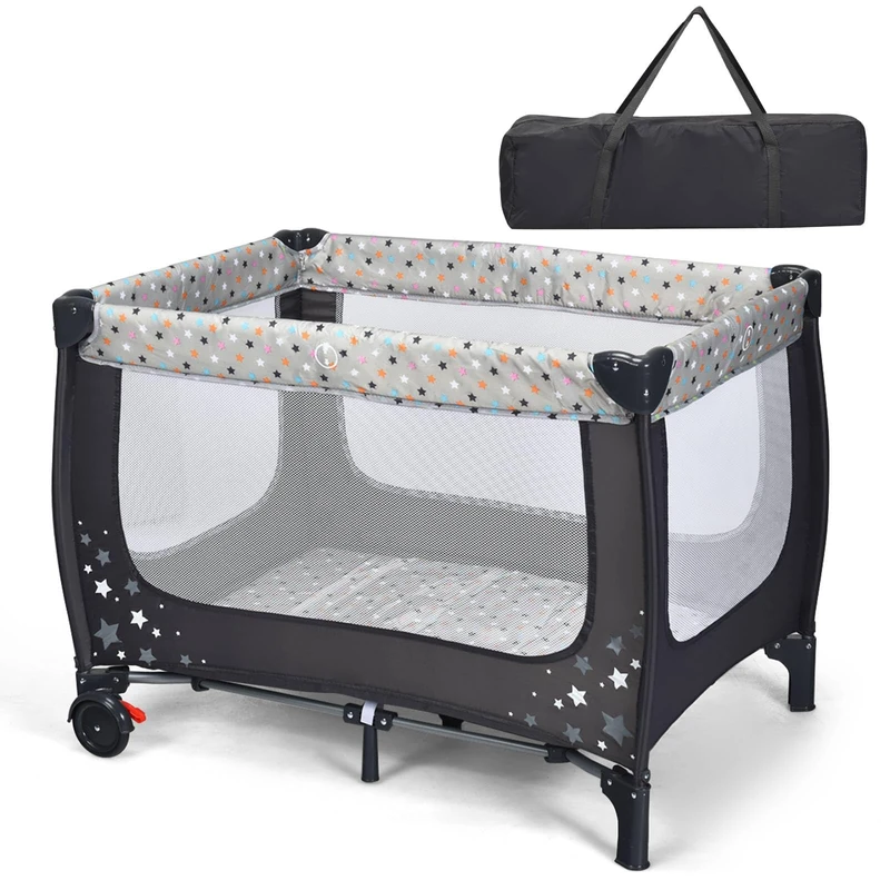 GYMAX Baby Travel Cot, Foldable Baby Activity Center (Grey) - Image 1