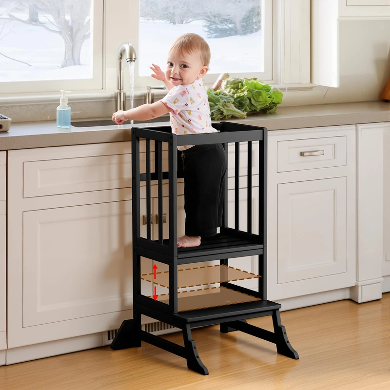 COSYLAND Height-Adjustable Toddler Standing Tower – Stable Kitchen Standing Stool with Reinforced Base – Lightweight Portable Standing Helper for Kitchen and Home Use (Black)