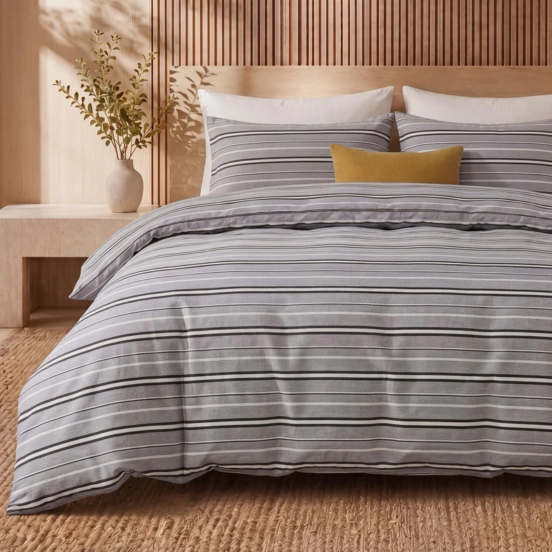 Herside 100% Cotton Double Gauze Striped Duvet Cover Set King Size,Cool Gray Fine Stripe Soft Breathable Cotton Bedding Set Modern Simple 3 Piece Quilt Duvet Set for All Seasons