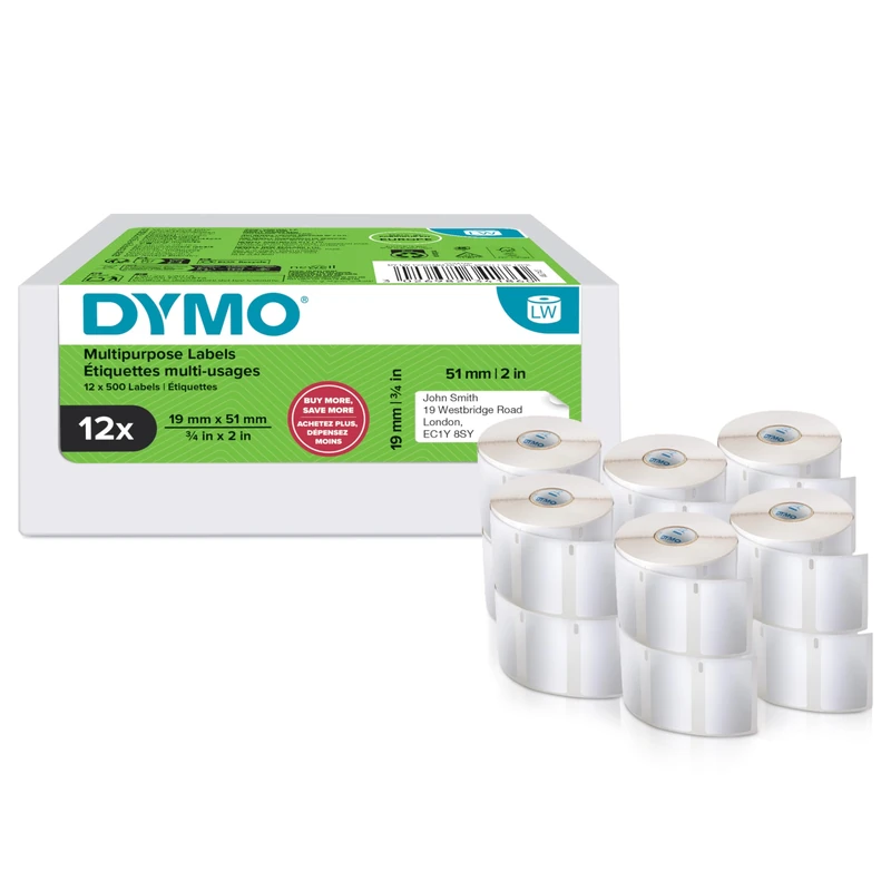 Dymo Authentic LabelWriter Small Multi-Purpose Labels | 19 mm x 51 mm | Self-Adhesive | 12 Rolls of 500 Easy-Peel Labels (6,000 Count) | for LabelWriter Label Makers | Made in Europe