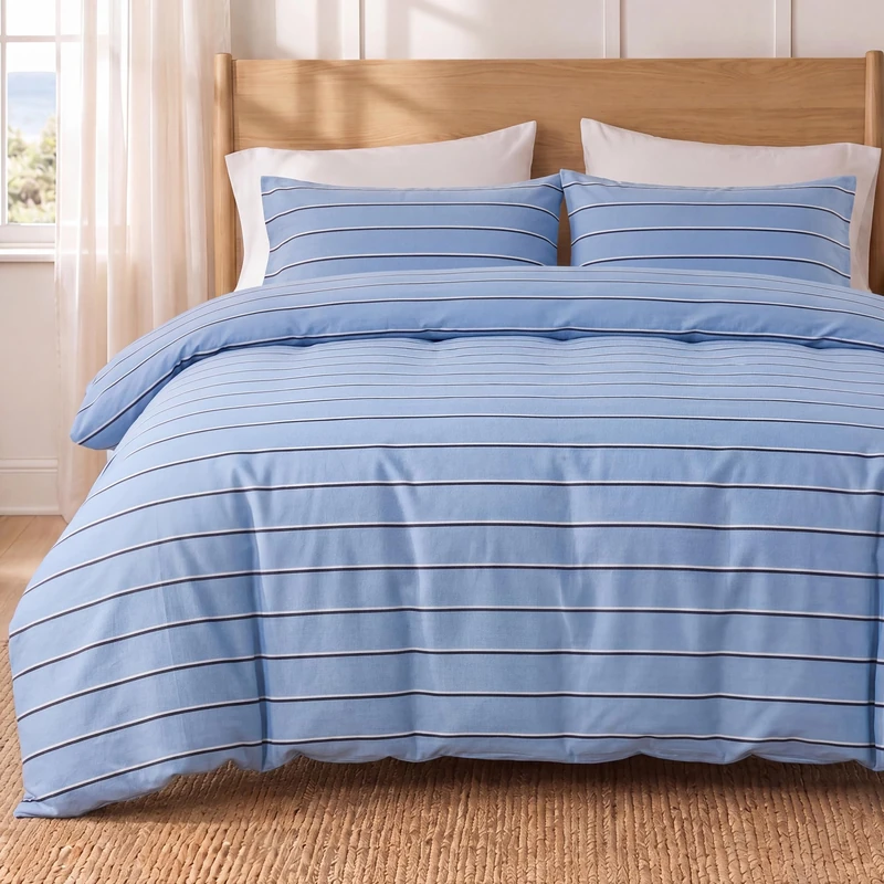 Herside 100% Cotton Double Gauze Striped Duvet Cover Set Queen Size,Mist Blue Wide Stripe Pattern Soft Breathable Cotton Bedding Set Modern Minimalist 3 Piece Quilt Duvet Set for All Seasons