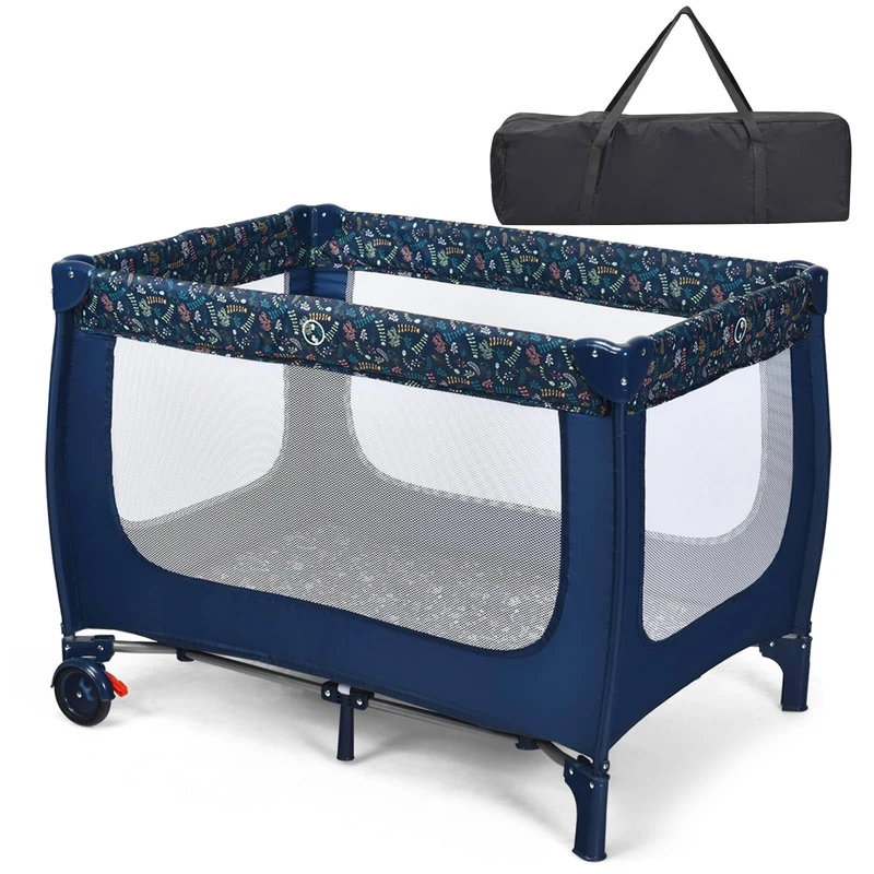 GYMAX Baby Travel Cot, Foldable Baby Activity Center (Blue)