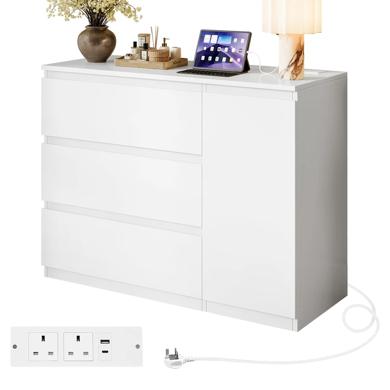 Feonase White Chest of Drawers Bedroom with Adjustable 2 Shelf, Chest drawer with Charging Station, MDF Storage Cabinet for Living Room, 90x 68x36cm, White