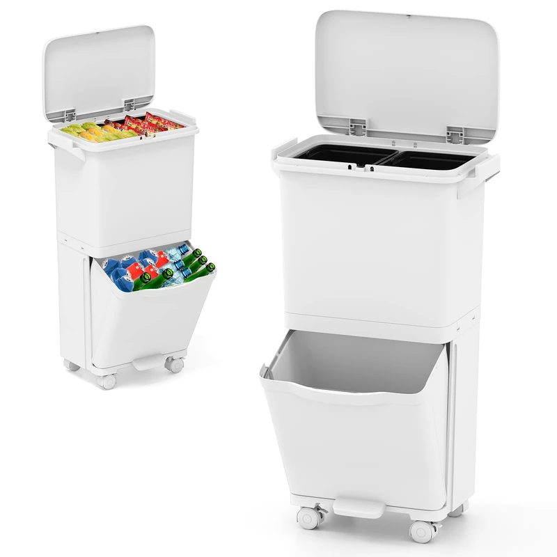GiantexUK 40L Pedal Bin, 2-Tier Recycling Bins with 3 Compartments, Wheels, Handles & Classification Stickers, Garbage Can Waste Separation System for Home Office (42x28x74cm, with Removable Bins)