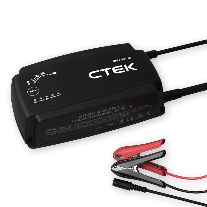 CTEK NXT 15 Smart Battery Charger 12V, 15A Power, Lithium Compatible, Reconditioning Mode, Supply Mode, Temperature Compensation, Automotive, Marine, and Leisure Battery Maintainer