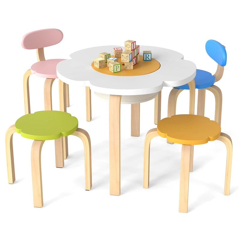GYMAX Kids Table and 4 Chair, Children Activity Desk with 4 Chairs - Image 1