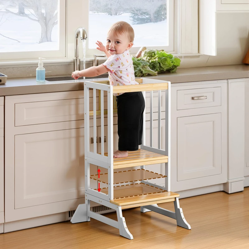 COSYLAND Height-Adjustable Toddler Standing Tower – Stable Kitchen Standing Stool with Reinforced Base – Lightweight Portable Standing Helper for Kitchen and Home Use (White & Natural)