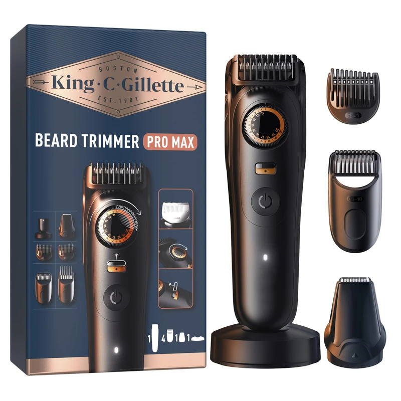 King C Gillette Cordless Beard Trimmer PRO MAX for Men with 40 Length Settings and Style Lock. 1 Trimmer, 1 Cleaning Brush, 4 Interchangeable Combs, 1 Charging Stand, and 1 Zip Pouch