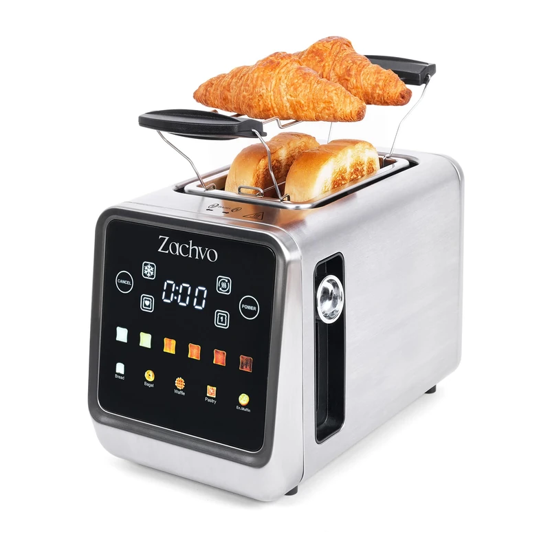 2 Slice Touchscreen Toaster, Stainless Steel Toaster with LED Countdown & Memory Function, 3.5cm Wide Slots, Single-Side Toasting, Sandwich Cage & Warming Rack, 6 Browning Levels, Silver