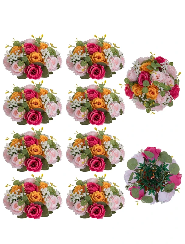 BLOSMON Wedding Flower Centerpieces for Tables: 10 Pcs Pink and Orange Party Decorations - Fake Rose Baby Breath Flowers Balls for Centerpieces - Artificial Silk Floral Arrangement