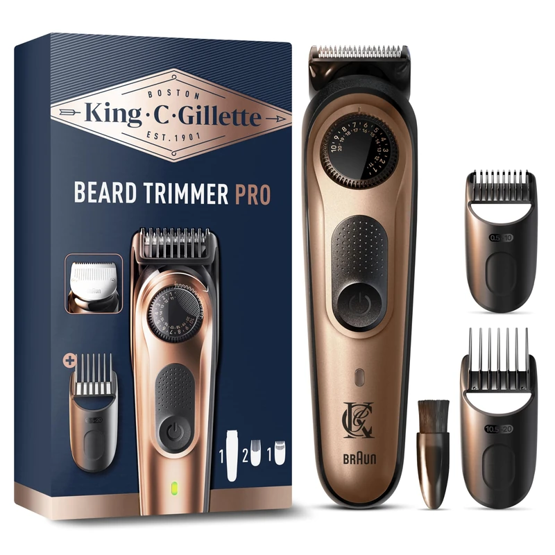 King C Gillette Cordless Beard Trimmer PRO for Men with 40 Length Settings. 1 Trimmer, 1 Detail Trimmer, 1 Cleaning Brush, 4 Interchangeable Combs, 1 Charger, and 1 Zip Pouch