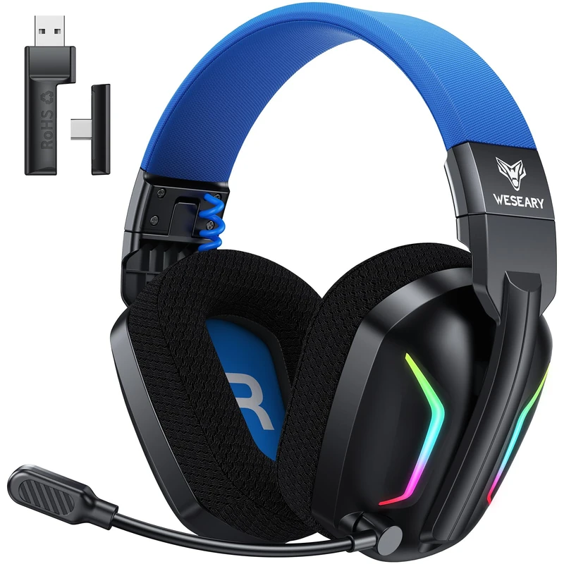 WESEARY Wireless Gaming Headset with Microphone for PS5, PS4, PC, Switch, Mobile Phone, Mac, Laptop, 2.4 GHz & Bluetooth Headphones with Noise Cancelling Microphone, 60H Battery, LED Light, Foldable