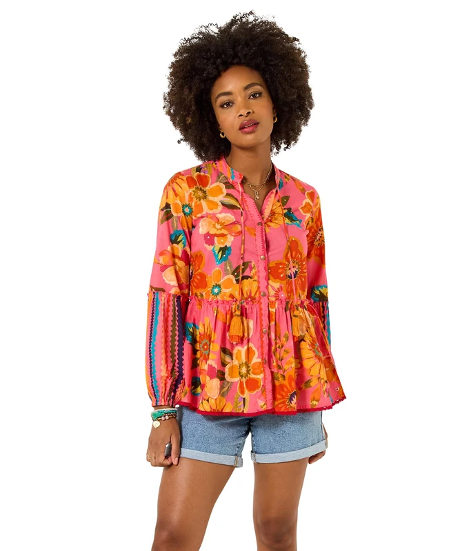 Joe Browns Women's Bold Floral Printed Peplum Hem Long Sleeve Top, Relaxed, Pink, UK 22