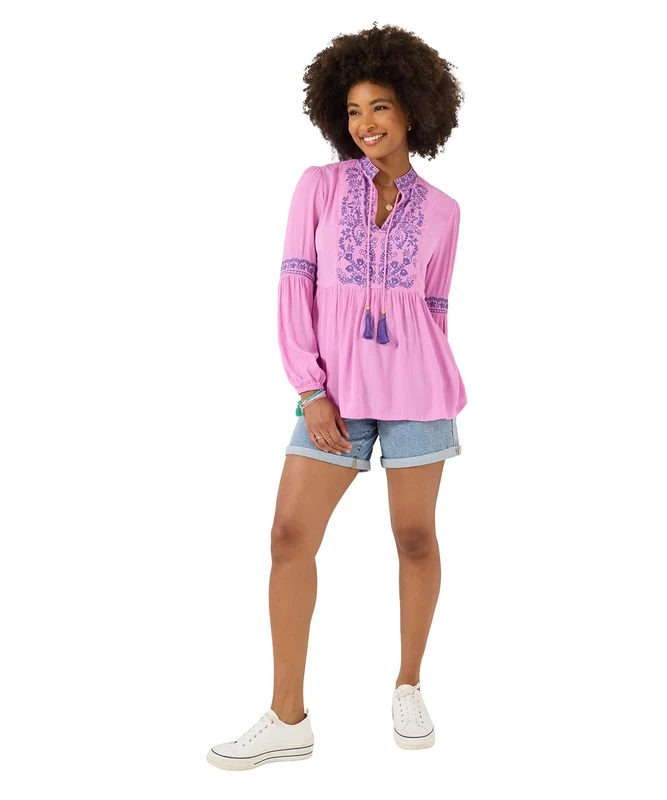 Joe Browns Women's Standout Embroidered Tassel Tie Top, Relaxed, Pink, UK 14