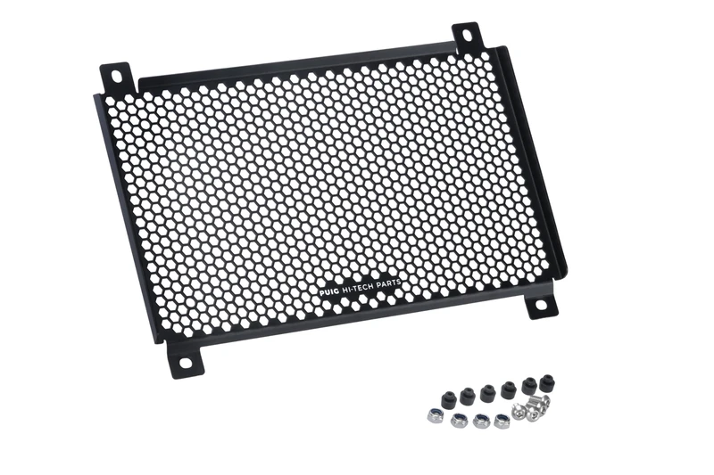 Puig 22374N Radiator Guard in high-strength aluminum with hexagonal design, impact protection, optimized airflow, and durable textured finish, Black
