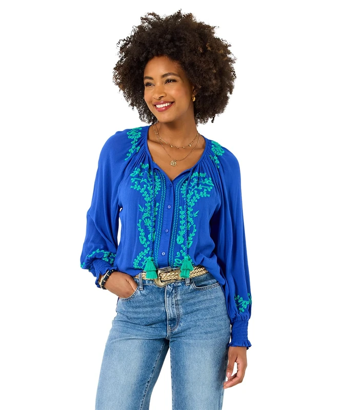 Joe Browns Women's Embroidered Tassel Tie Shirred Cuff Top, Relaxed, Blue, UK 10