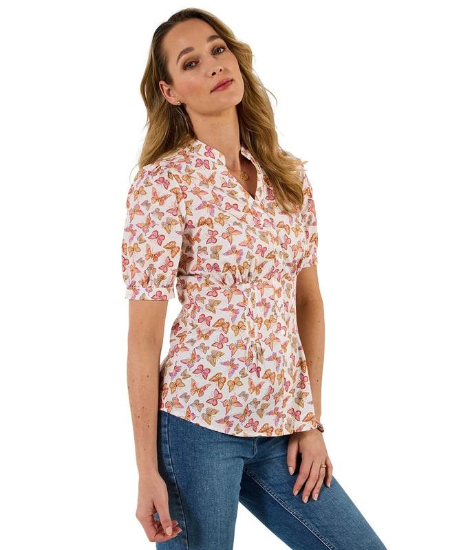 Joe Browns Women's Butterfly Print Short Sleeve Cotton Blouse, Slim, White, UK 18 - Image 1