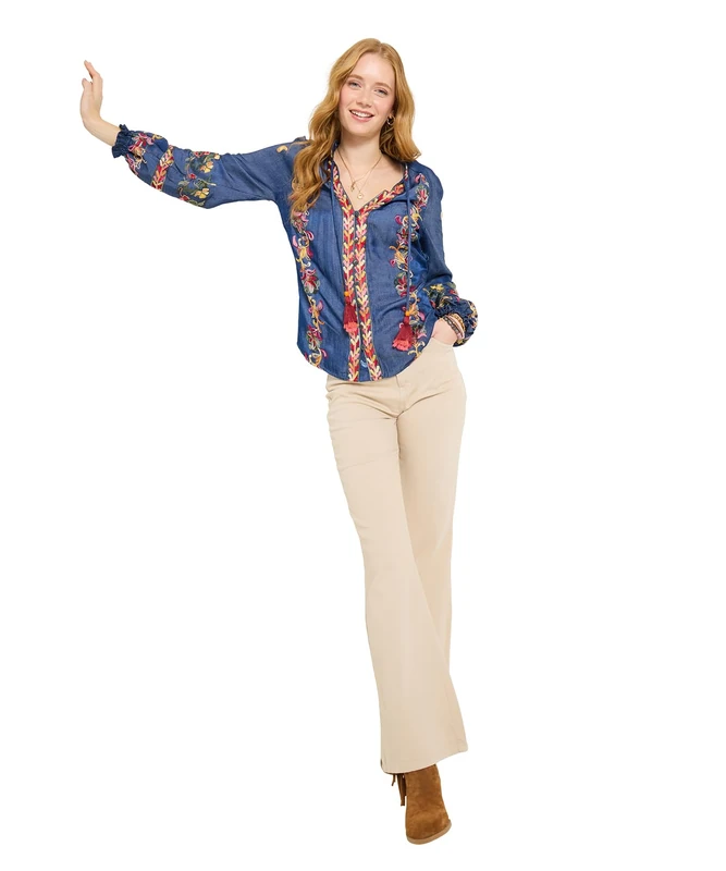 Joe Browns Women's Embroidered Festival Long Sleeve Top, Regular, Blue, UK 22