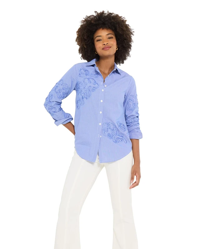 Joe Browns Women's Pinstriped Applique Drop Shoulder Fit Shirt, Relaxed, Blue, UK 18