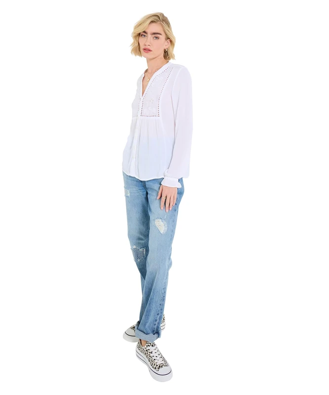 Joe Browns Women's Broderie Anglaise Frilly Cuffed Blouse, Regular, White, UK 20