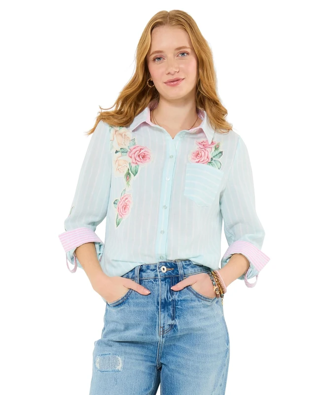 Joe Browns Women's Vintage Striped Rose Applique Shirt, Relaxed, Blue, UK 10