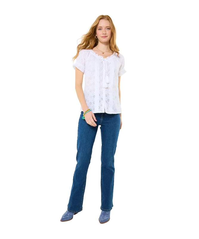 Joe Browns Women's Broderie Tassel Tie Button Up Top, Regular, White, UK 8