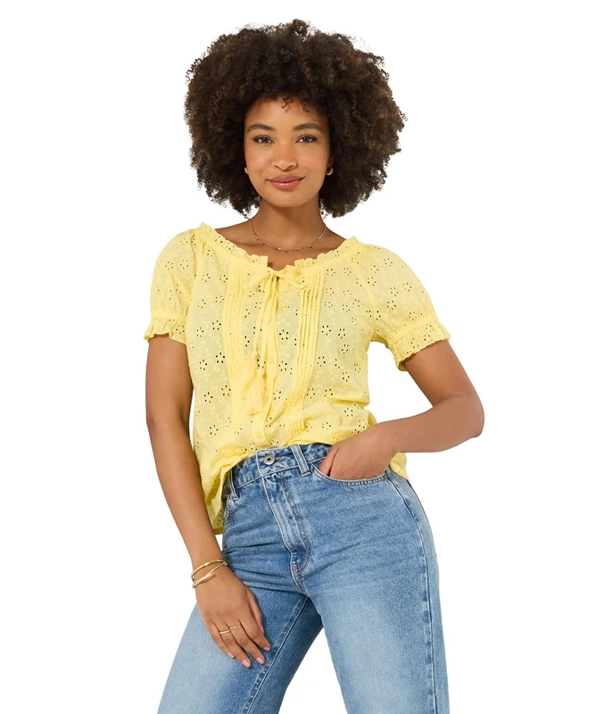 Joe Browns Womens Broderie Tassel Tie Button Up Top Blouse, Lemon, 12 UK