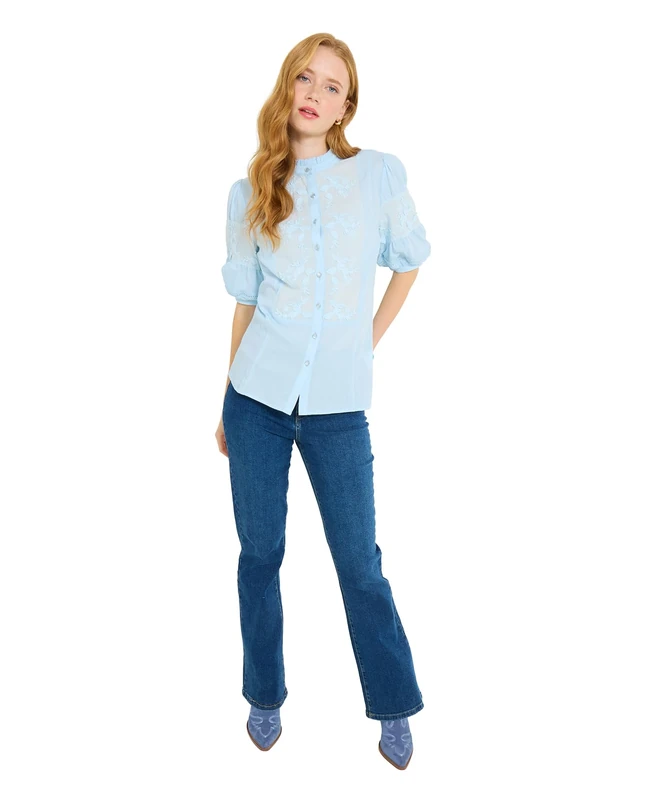 Joe Browns Women's Frilly Neck Broderie Embroidered Blouse, Regular, Blue, UK 10