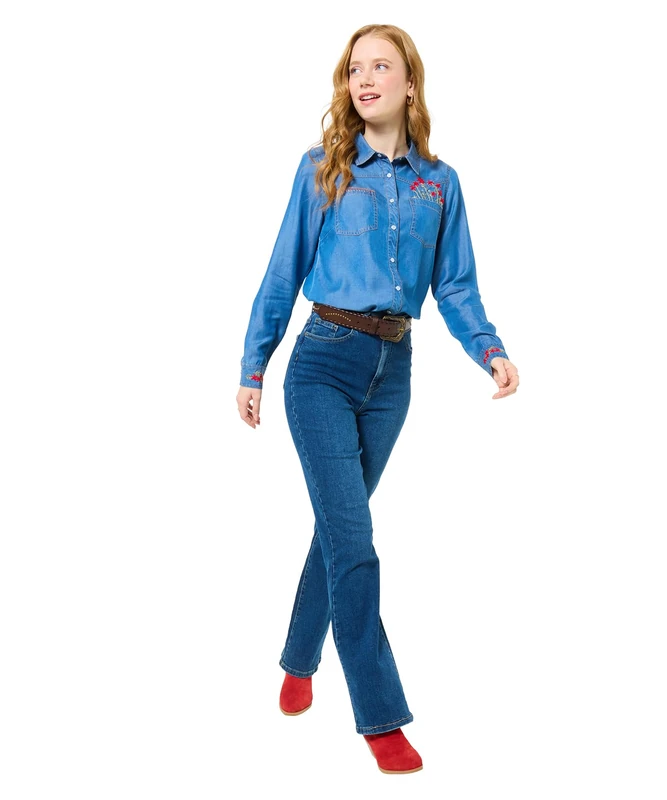 Joe Browns Women's Floral Embroidered Denim Shirt, Regular, Blue, UK 12