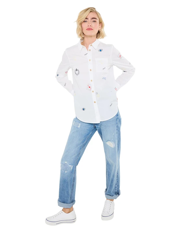 Joe Browns Women's Funky Embroidered Collared Cotton Shirt, Relaxed, White, UK 10