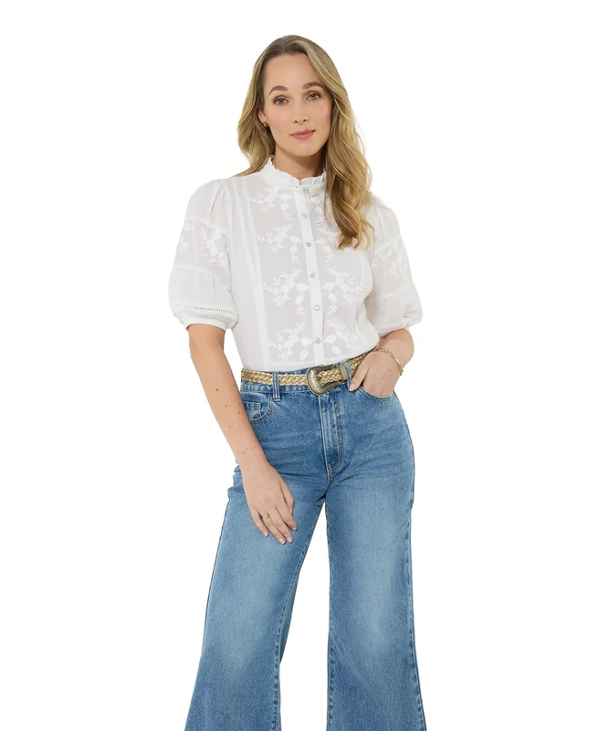 Joe Browns Women's Frilly Neck Broderie Embroidered Blouse, Regular, White, UK 20