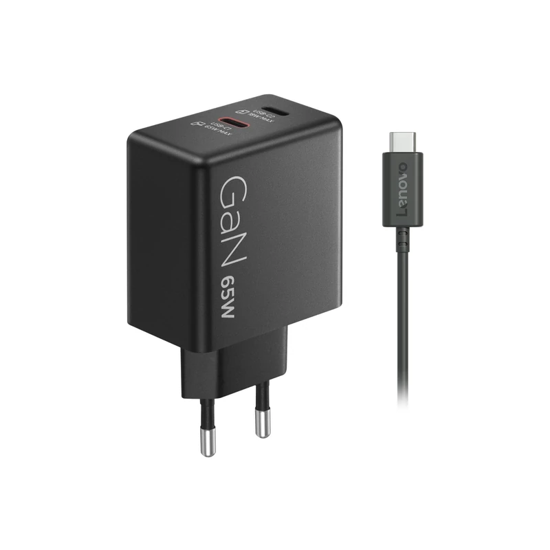 Lenovo Dual USB-C 65W GaN Charger - EU, 2 USB-C Ports with Split 45W+18W, Compact Charger for Notebooks and USB-C Devices