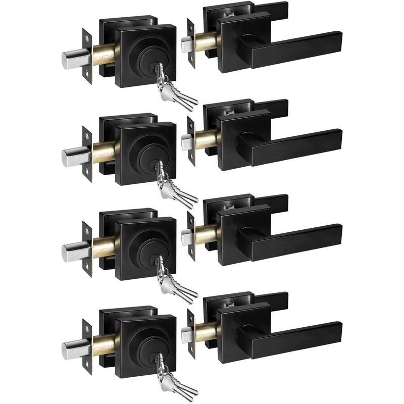 Matte Black Entry Door Locksets with Deadbolt, 4 Pack, Heavy Duty Exterior Door Lock Set, Square Front Door Handle and Deadbolt Set for Home & Commercial Use
