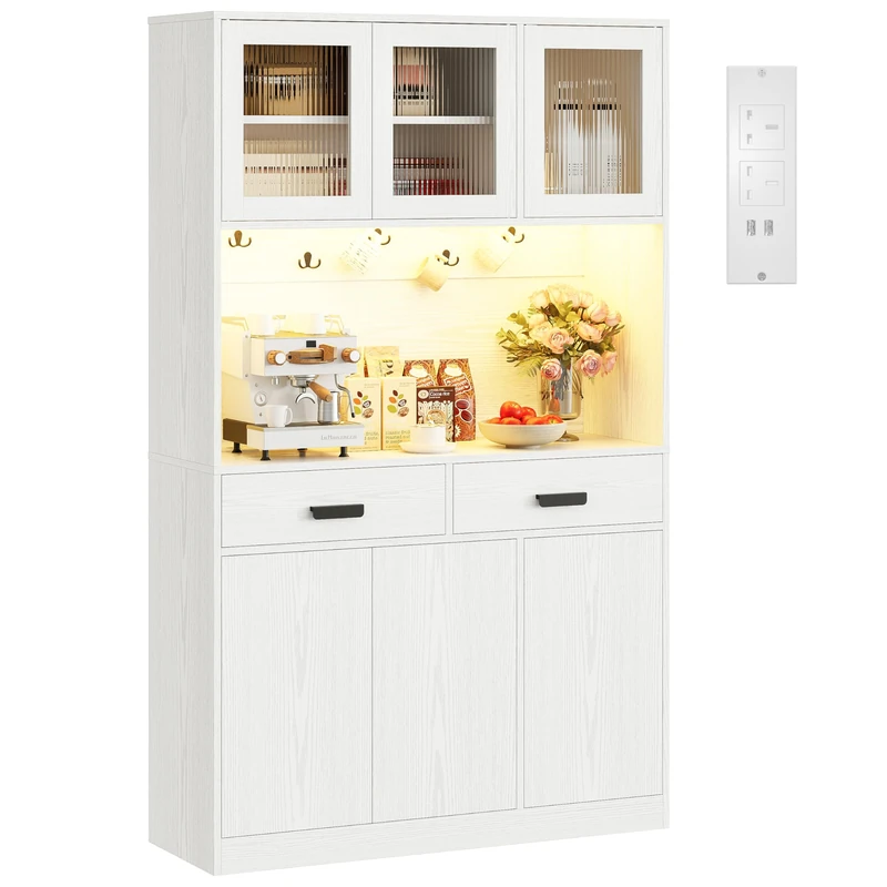 IRONCK Kitchen Cupboard 180cm Tall Cabinet with LED&Power Outlet, Sideboard Storage Cabinet with Large Countertop, 2 Drawers, Ajustable Shelf, Kitchen Units Dining room, living Room,180x110x38cm,White