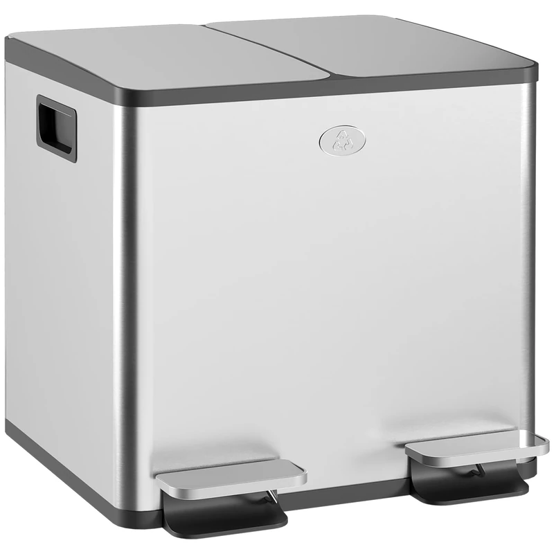 HOMCOM Dual Kitchen Bin, 2 x 15L Stainless Steel Double Rubbish Bin with Soft Close Lid, Removable Inner Buckets, Fingerprint-Proof for Recycling and Waste, Silver Tone