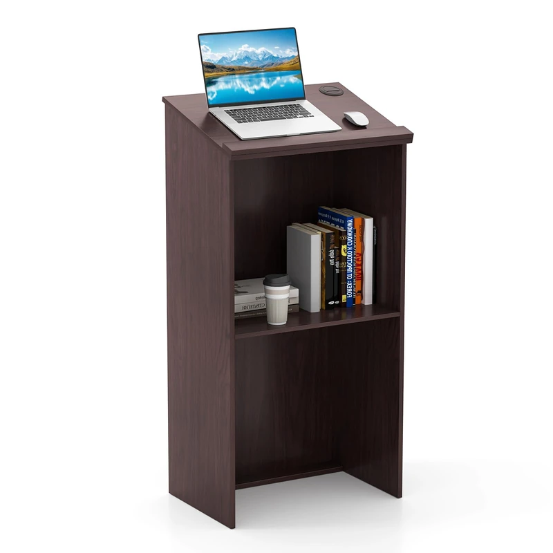 FANTASK Hostess Stand, Standing Desk with Shelf & Cable Grommets, Podium Stand with Reading Surface, Standing Table Conference Desk for Classroom, Church, Office, Restaurant, Seminar (Brown) - Image 1