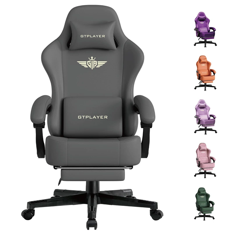 GTPLAYER Gaming Chair, Ergonomic Computer Chair with Footrest and Lumbar Support Height Adjustable Home Office with 360°-Swivel Seat and Headrest Grey