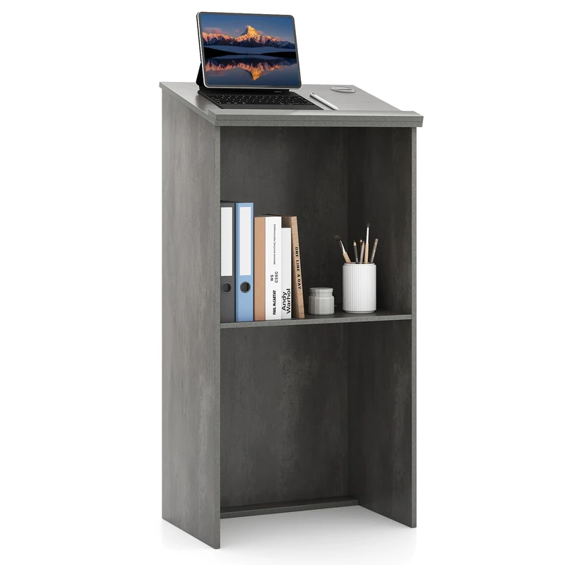 FANTASK Hostess Stand, Standing Desk with Shelf & Cable Grommets, Podium Stand with Reading Surface, Standing Table Conference Desk for Classroom, Church, Office, Restaurant, Seminar (Grey) - Image 1