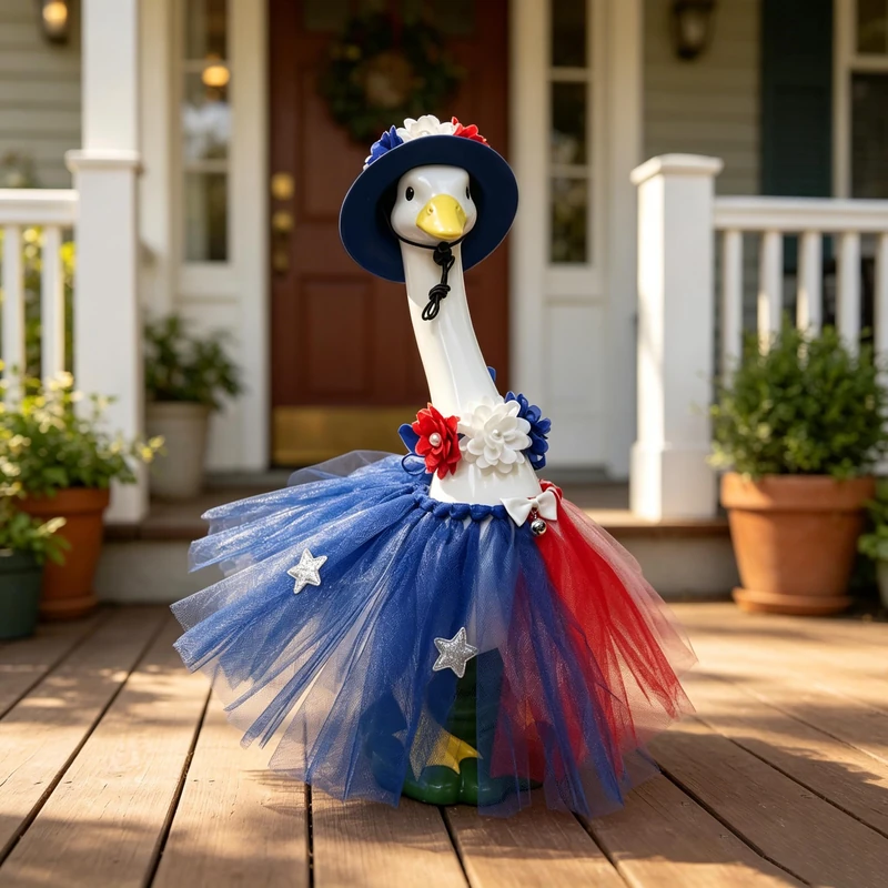 asdfg 20 Inch Large Porch Goose Statue with July 4th Outfit - Big Duck Resin Animal Sculpture Star & Flower Bow Tie Accessories for Lawn/Yard/Patio Garden Outdoor Decor for Women/Gardening