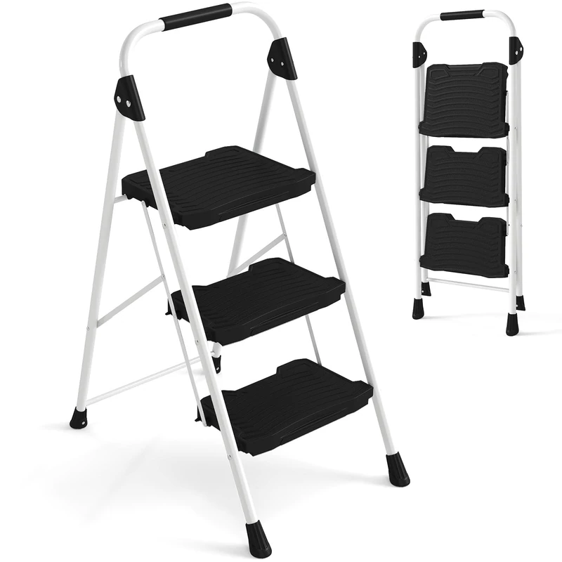HOMFME Folding 2/3/4 Step Ladder (Black+White, 3 Step)