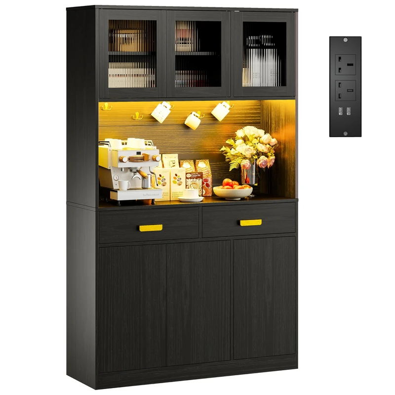 IRONCK Kitchen Cupboard, Sideboard Storage Cabinet with LED Power Outlet,180cm Tall Cabinet with Large Countertop, 2 Drawers, Ajustable Shelf, Kitchen Units Dining room, living Room,180x110x38cm,Black