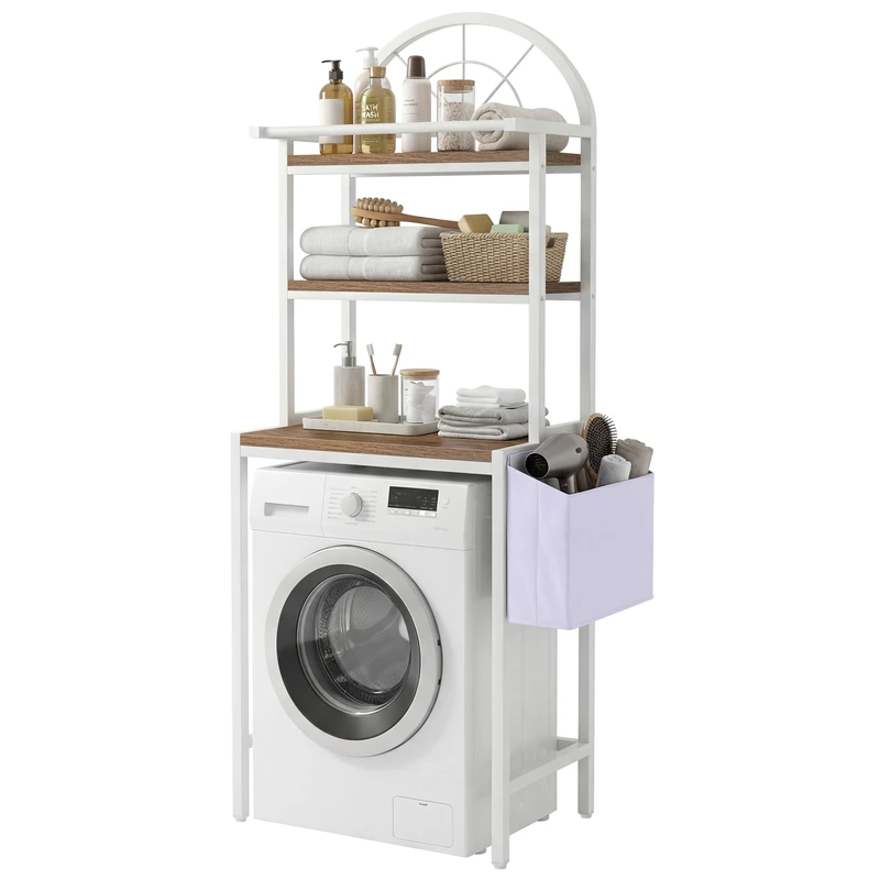 YITAHOME Over Washing Machine Shelf, Over-Toilet Shelf with 3 Shelves, Arch Design, Metal Wood Material with a fabric storage bag, 64.5 x 190 x 40cm, White
