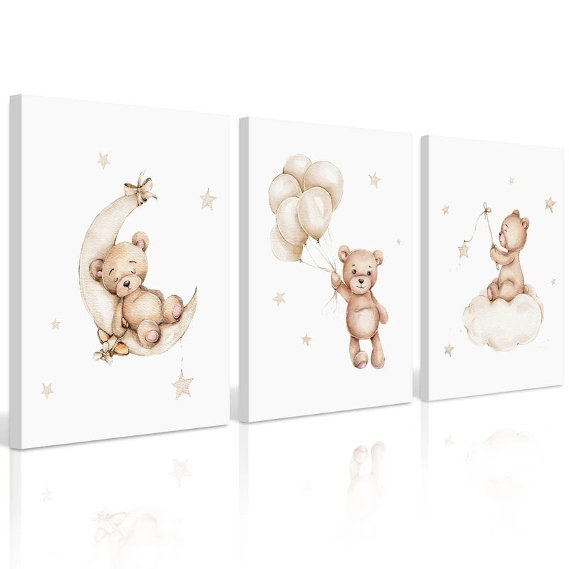 Baccone Bear Nursery Wall Art Decor Set of 3 Teddy Bear Canvas Wall Art Baby Boy Nursery Decor Prints Neutral Pictures Moon Star Cloud Print for Girls Children Room 16x24 Inch Wrapped Canvas