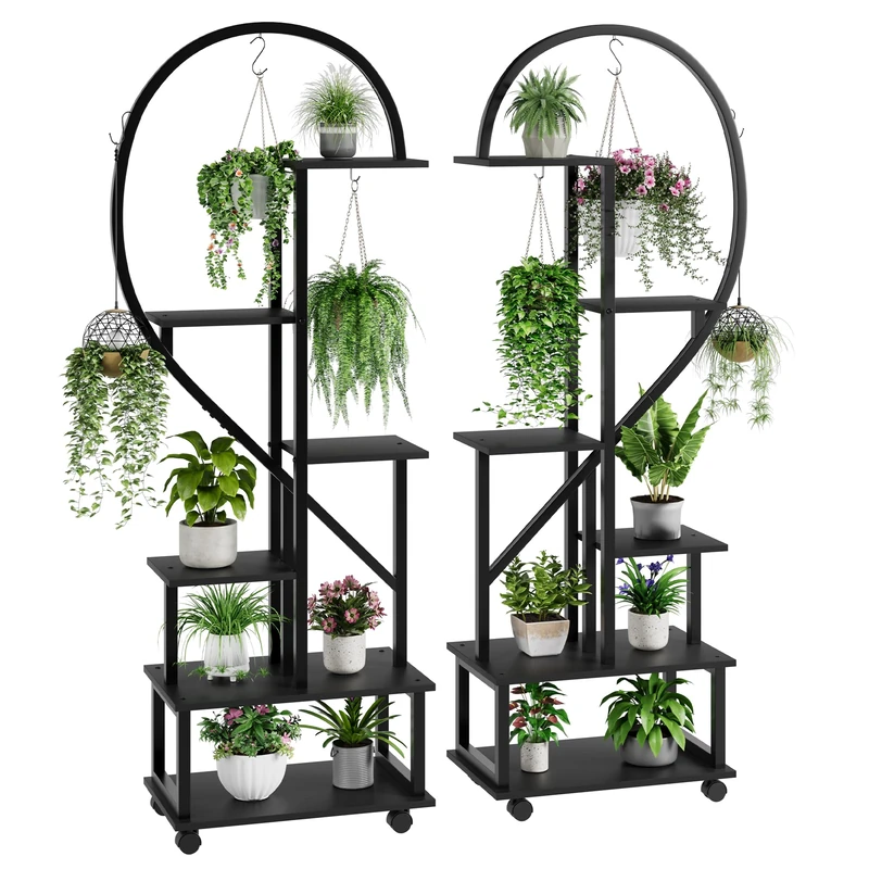 GarveeHome 6-Tier Metal Plant Stand in Crescent Shape 172 cm, Plant Rack with 6 Shelves & Hooks, Large Plant Stand Shelf for Home, Patio, Lawn, Garden & Balcony - Image 1